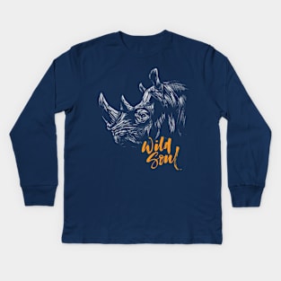 Rhino   |   Hand Drawn Illustration   |   With Lettering Kids Long Sleeve T-Shirt